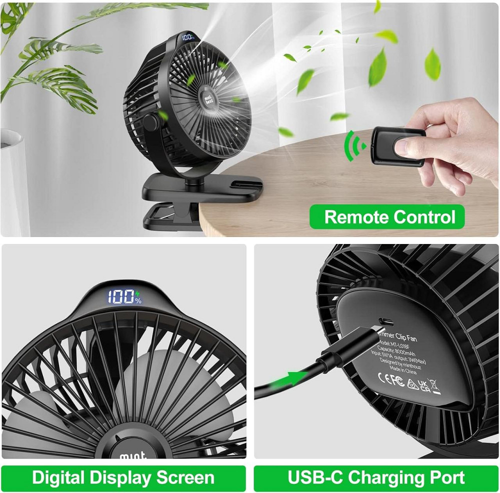 Прищіпковий вентилятор Minthouz MT-L018F Чорний 8000mAh USB-C 5 швидкостей 360° регульований тихий портативний настільний Київ - фото 7