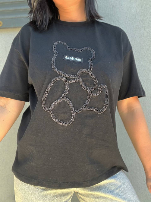 Футболка женская Pepper&mint 24-86 махровый мишка впереди оверсайз черная, черный, S Киев - изображение 5