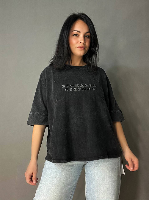 Футболка женская A-N 26028 тай-дай оверсайз с вышивкой, черный, one size Киев - изображение 6