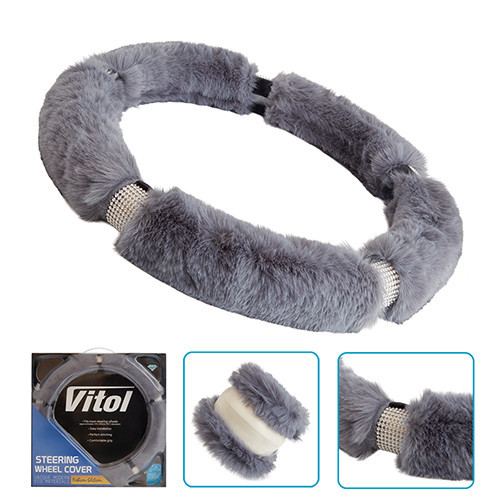 Автомобільний чохол на кермо VLOD-24FA6 сірий з мехом Харків - фото 1