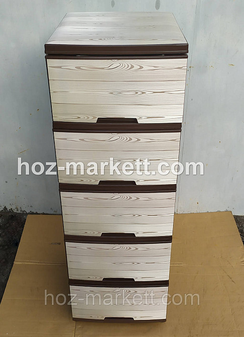 Комод пластиковий тумбочка на 5 ящиків з малюнком під дерево коричневий Харків - фото 1