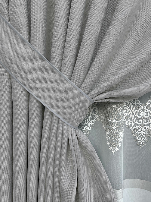 Комплект штор VR-Textil Льон Мішковина 150х270 2шт і Тюль 500х270 867ш-1708т Світло-сірий з білим 71-181/4 Київ - фото 12
