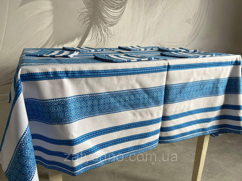Голубая  вышитая скатерть с салфетками на хлопке Киев - изображение 5