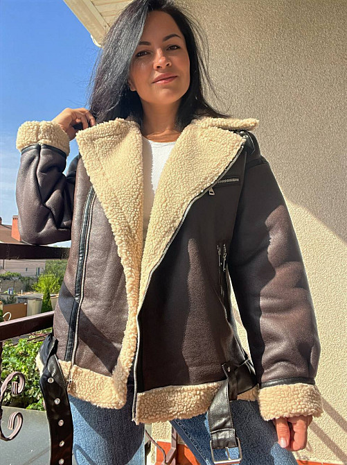 Дублянка жіноча Aftf Basic 264 подовжена оверсайз хутро пілот блискавки з ременем коричнева, коричневий, L Київ - фото 13