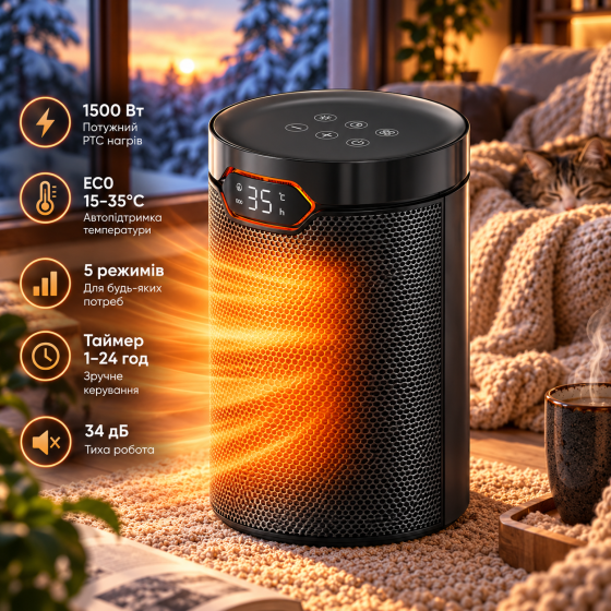 Керамічний обігрівач QEXREED PTC 1500 Вт, ECO 15–35°C, 5 режимів, таймер 24 год, 34 дБ, захист від перекидання Київ