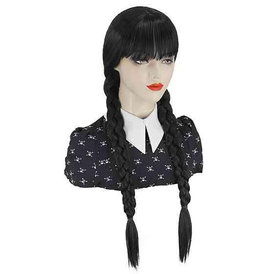 Парик черный длинный с челкой в ​​стиле Венздей с косами, синтетические термостойкие волосы для косплея Киев