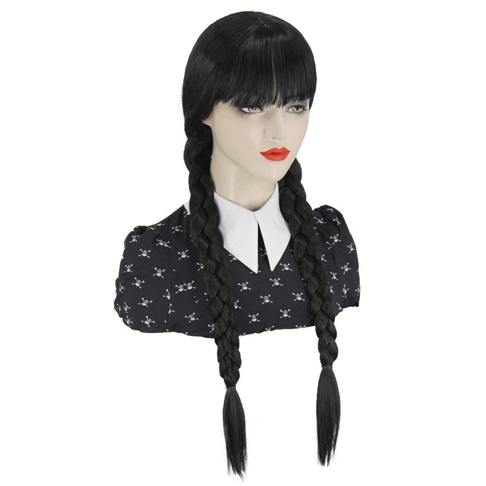 Парик черный длинный с челкой в ​​стиле Венздей с косами, синтетические термостойкие волосы для косплея Киев - изображение 4
