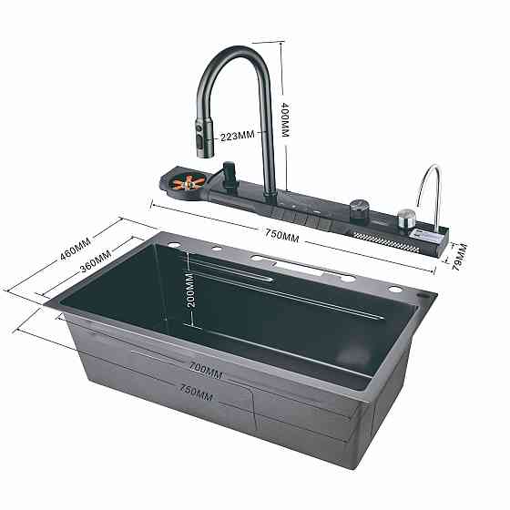 Кухонна раковина водоспад Willda, кухонна мийка водоспад темно-сіра 75х46х22 (858876221) Київ