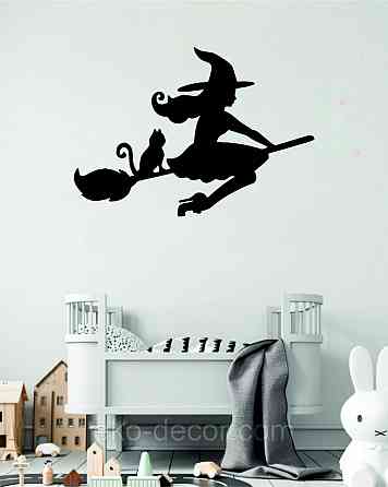 Декоративное настенное Панно «Ведьма на метле с котом», Декор на стену 70*49 см, Черный Киев