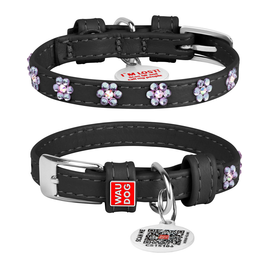 Нашийник для собак шкіряний WAUDOG Glamour з QR паспортом, з клейовими стразами "Квіти", Ш 9 мм Коломыя - изображение 2