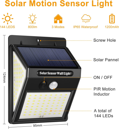 Уценка Солнечные фонари с датчиком движения Blewandy 144 LED, уличный прожектор IP65 (Витринный образец) Киев