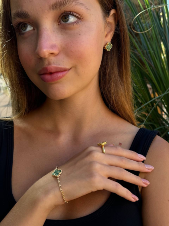 Van Cleef набір 3 предмети малахіт — сережки, кільце, браслет / зелена емаль / лимонне золото / проба, гравіювання Одеса