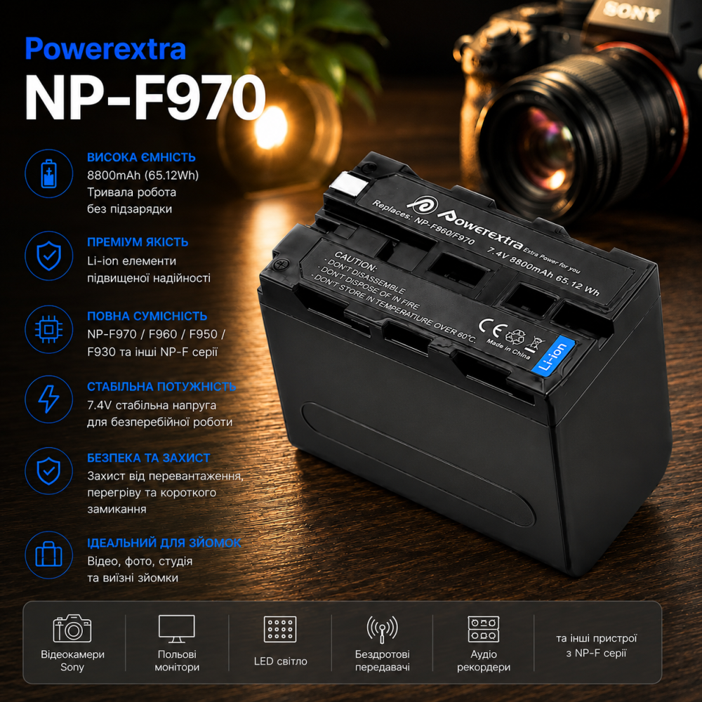 Аккумулятор Powerextra NP-F970 / NP-F960 / NP-F950 / NP-F930 8800 мАч для камер Sony, Li-ion Киев - изображение 7