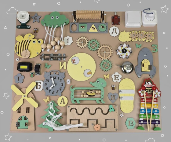 Бизиборд для дітей 50х60  Методика Монтессорі Розвивальна дошка Бізіборд для розвитку дрібної моторики Тернопіль