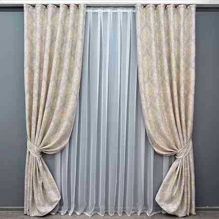 Комплект готовых штор VR-Textil Лен Корона Мария № 1268ш Светло-серый с золотистым 100х270 см 2 шт (31-535) Киев