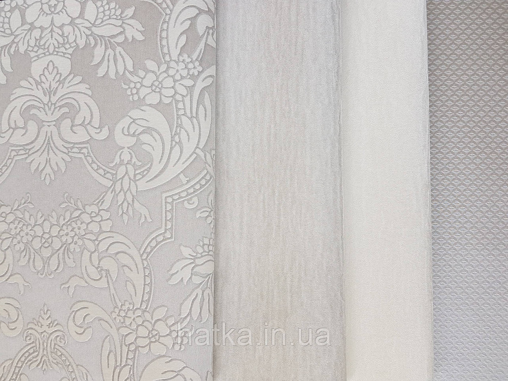Шпалери вінілові на флізеліні Rasch Trianon Xlll 0.53х10 класика структурні вензелю квіти білі на сірому Київ - фото 2