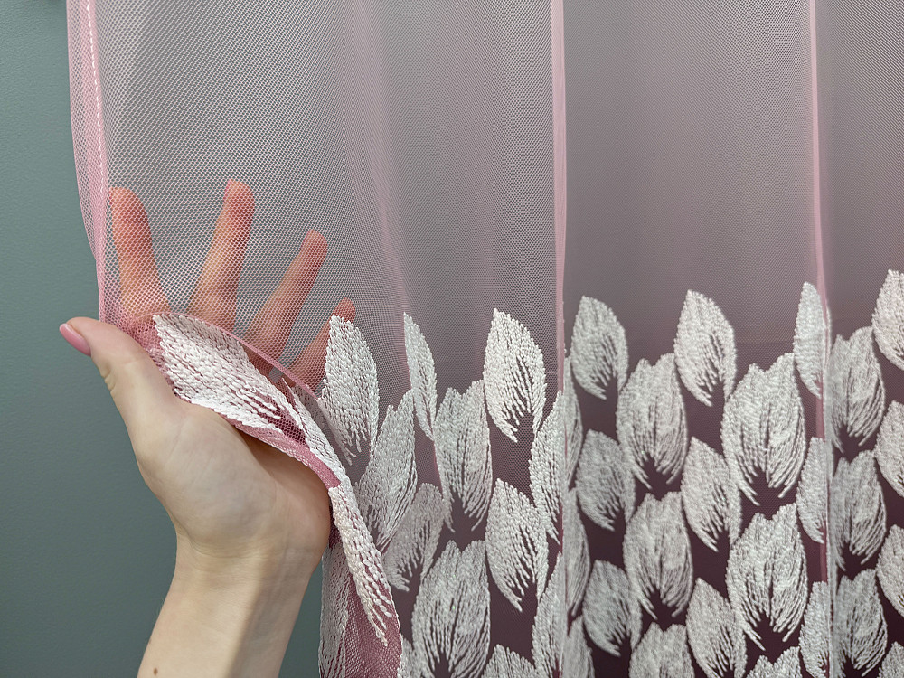 Тюль "Грек-сітка" омбре з вишивкою Листочки колір рожевий з білим 1482т Київ - фото 3