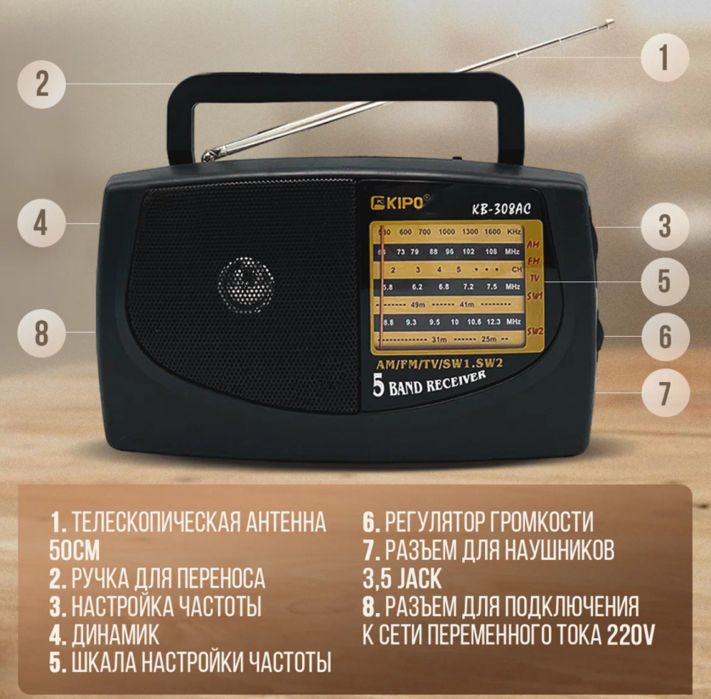 5 Діапазоний Радіоприймач Kipo KB-308AC Одеса - фото 6