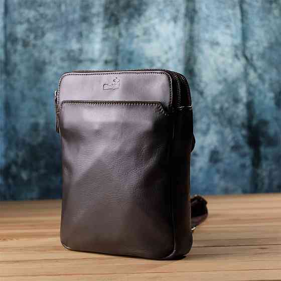 Вертикальная мужская сумка через плечо из гладкой натуральной кожи Коричневый (SHVIGEL) Киев