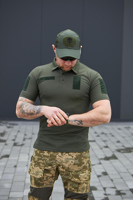 Оливковая поло футболка мужская летняя  для военнослужащего тактическая поло с липучками под     WAR Львов - изображение 7