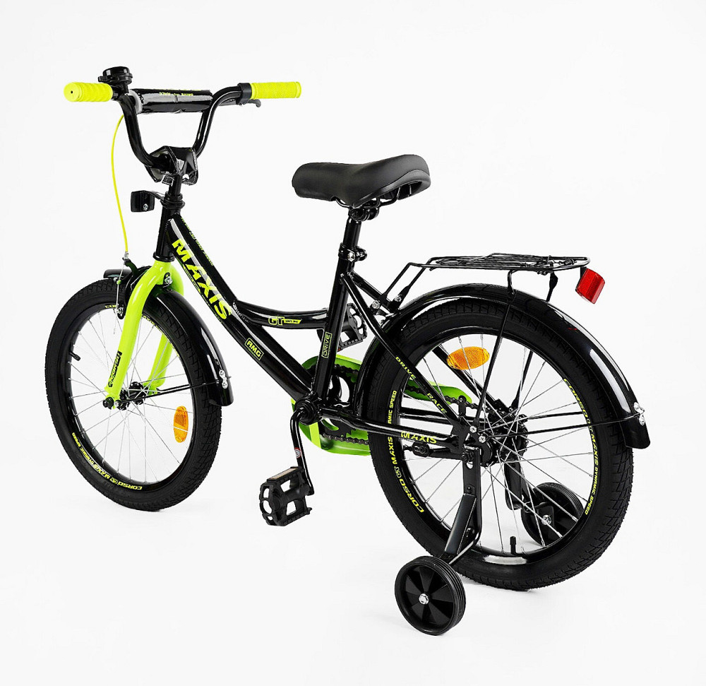 Велосипед Corso MAXIS двоколісний 18 дюймів з додатковими колесами дзвіночком багажником Чорно-салатовий (CL-18130) Чернигов - изображение 5