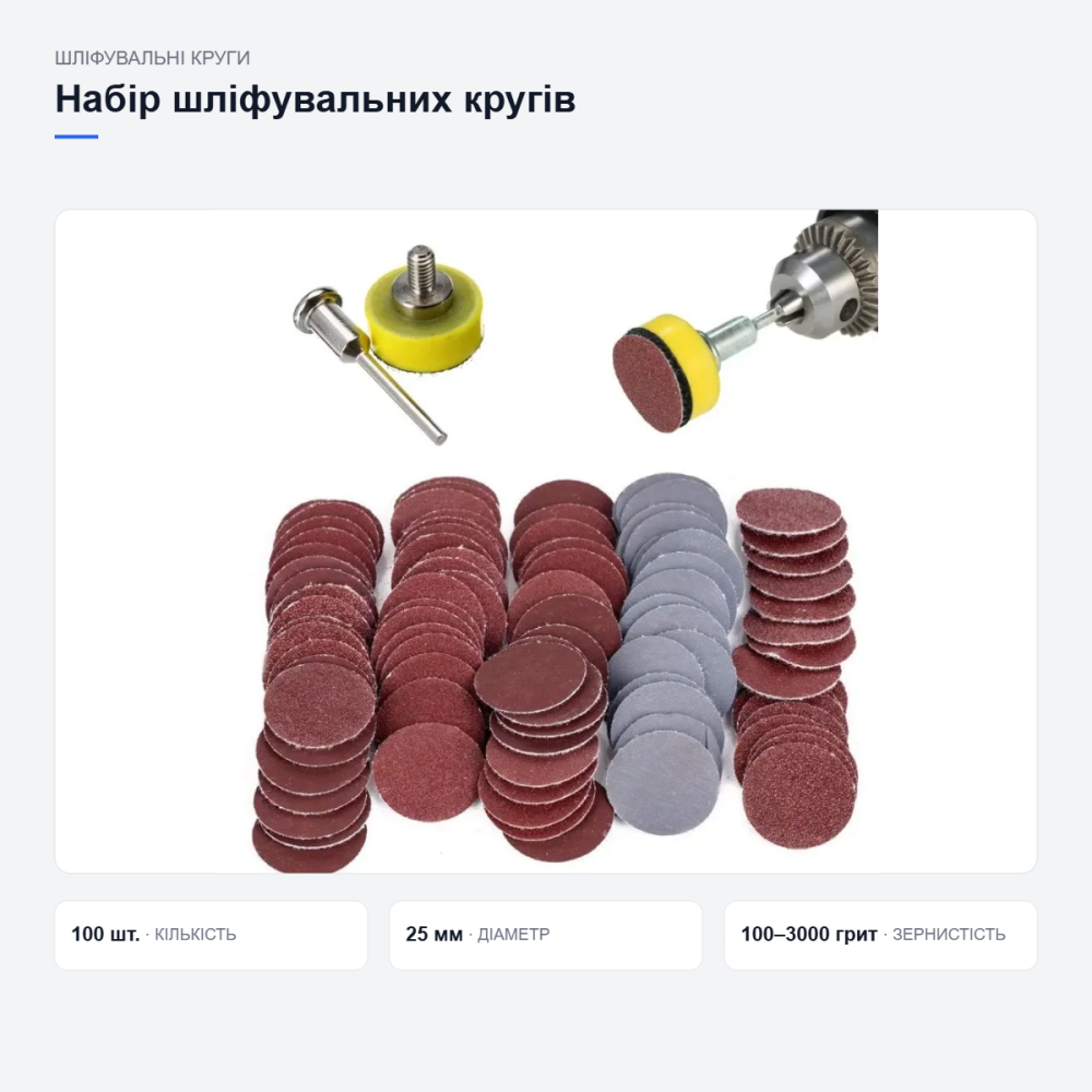 Набір шліфувальних кругів 100 шт + диск 25 мм, абразивність 100–3000 грит, для дерева, металу та пластику Київ - фото 8