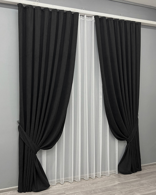 Комплект штор VR-Textil Мікровелюр Petek 150х270 2шт і Тюль 500х270 2017ш-1153т Чорний з білим 71-154/4 Київ - фото 2