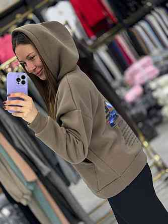 Женское теплое худи свободного кроя с накатом на спине турецкая трехнитка на флисе Мокко, 46/48 Одесса