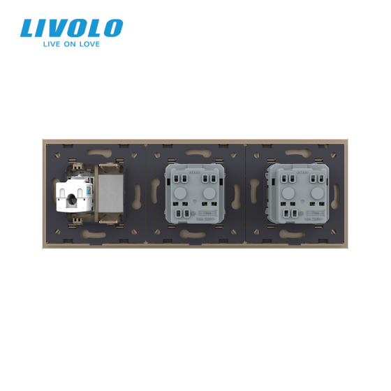 Розетка тримісна комбінована Силова Інтернет Livolo золото скло (VL-C7C2EU1CK0-13) Коломыя