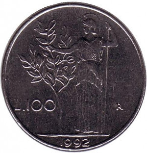 Богиня мудрості Мінерва поруч з оливковим деревом. Монета 100 лір. 1990-92 рік, Італія. Полтава - фото 1