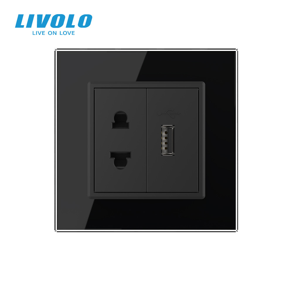 LIVOLO Розетка універсальна з USB розеткою Livolo чорний скло (VL-C7C1AUSB-12) Коломыя - изображение 4