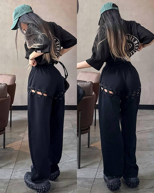 Женские стильные брюки прямого кроя на резинке с небольшими разрезами  двухнитка Одесса - изображение 1