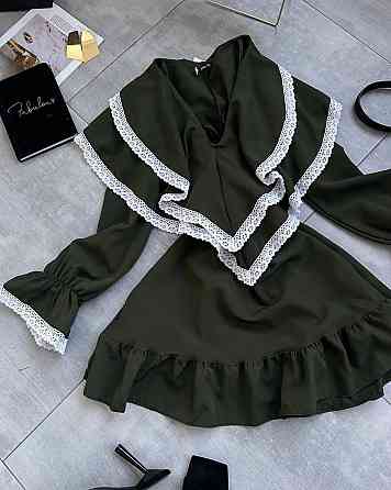 Женское романтичное платье с длинным рукавом костюмка + кружево Хаки, 44/46 Одесса