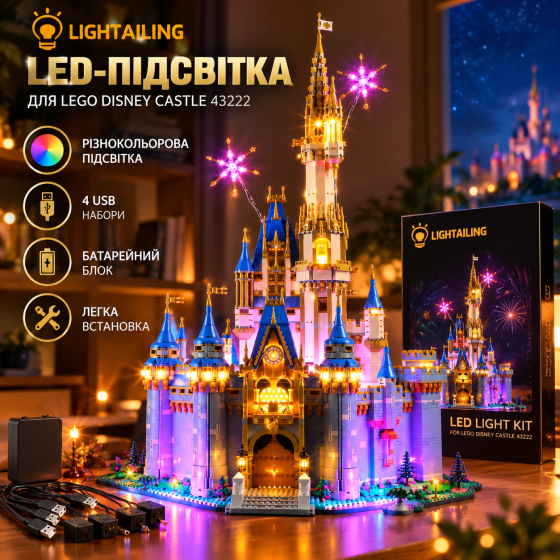 LED-підсвітка LIGHTAILING LGK602 для LEGO Disney Castle 43222, 4 USB-набори, батарейний блок, різнокольорова Київ