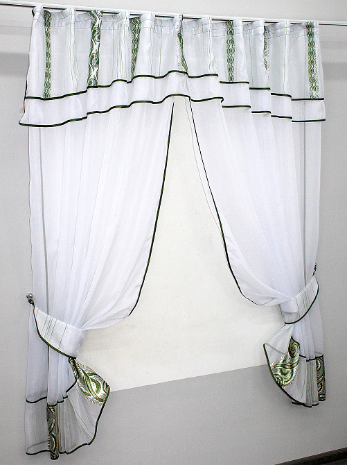 Кухонные шторы (280х170см) с ламбрекеном, на карниз 1-1,5м цвет белый с зеленым 00к 59-521 Киев - изображение 2