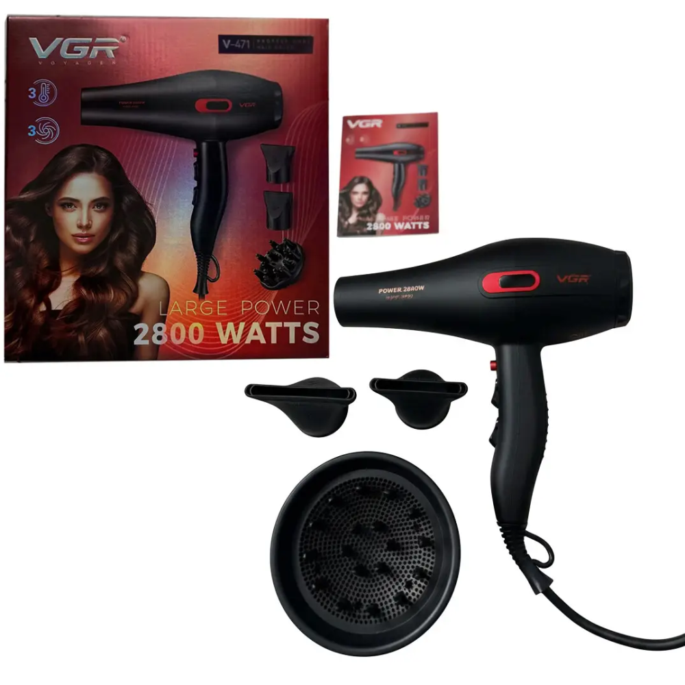Фен профессиональный VGR V-471 (3 уровня обдува, 3 уровня температуры) 2800W 3 насадки Черный Киев - изображение 5