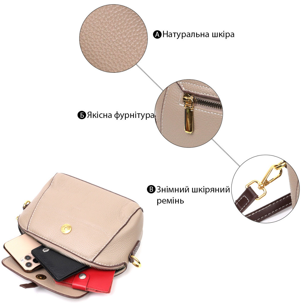 Стильная женская компактная сумка из натуральной кожи Vintage 22267 Бежевая Киев - изображение 4