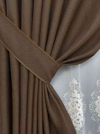Комплект штор VR-Textil Лен Мешковина 100х270 2шт и Тюль 300х270 277ш-1843т Коричневый с молочным 71-187/1 Киев