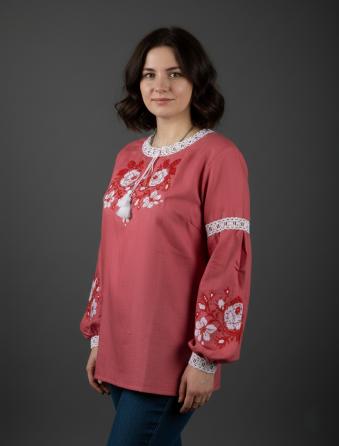 Женская вышиванка на домотканном холсте с цветами в красных тонах Киев