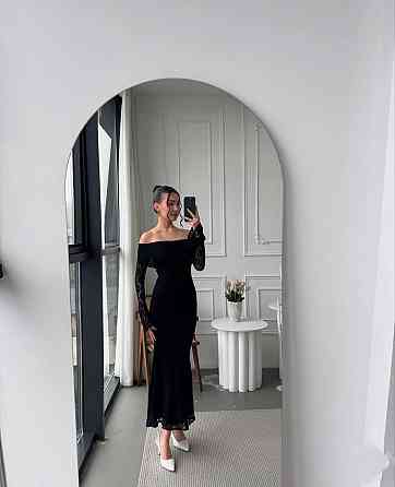 Женское романтическое кружевное платье со спущенными плечами гипюр + подкладка Черный, 46/48 Одесса