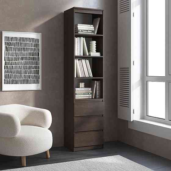 Пенал для книг VAYS R-25 Венге Темний, з відкритими полицями та шухлядами, без ручок, ЛДСП, 50×40×211 см - для вітальні, спальні, офісу Львів