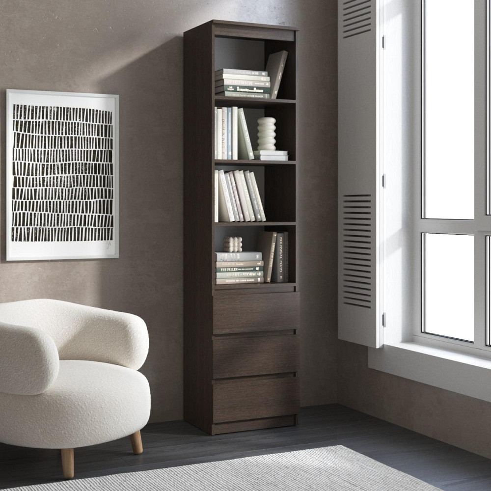 Пенал для книг VAYS R-25 Венге Темний, з відкритими полицями та шухлядами, без ручок, ЛДСП, 50×40×211 см - для вітальні, спальні, офісу Львів - фото 1