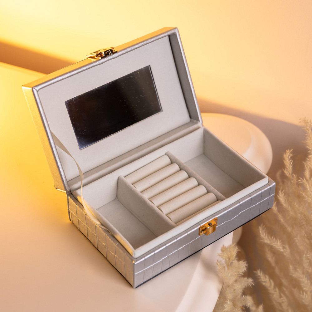 Скринька для прикрас з еко шкіри 3 відділення з дзеркалом 16×10×6 см Сірий HP-5-18G Коломыя - изображение 4