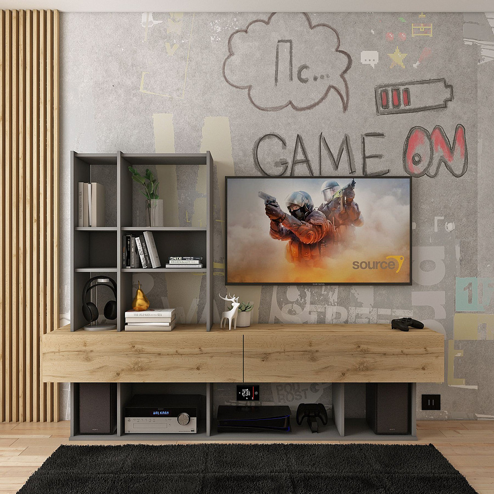 Стенка в гостиную Doros Нота 195х42х147 см Графит/Дуб евок (DRS-011334) Львов - изображение 2