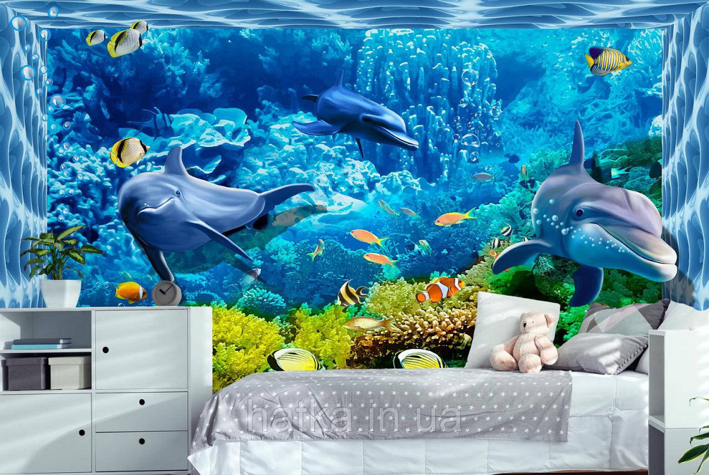 Шпалери вінілові на флізелін дитячі морі риби дельфіни корали, водорості Київ - фото 1