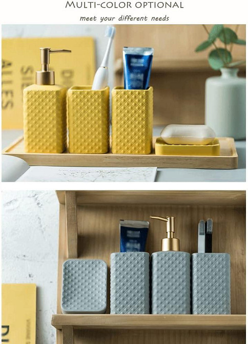 Комплект керамических аксессуаров для ванны: дозатор, мыльница, стаканы желтого цвета Каменец-Подольский - изображение 9