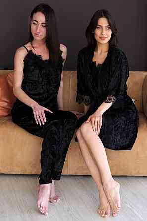 Пижама женская велюровая с халатом 4 в 1 Черный S Харьков