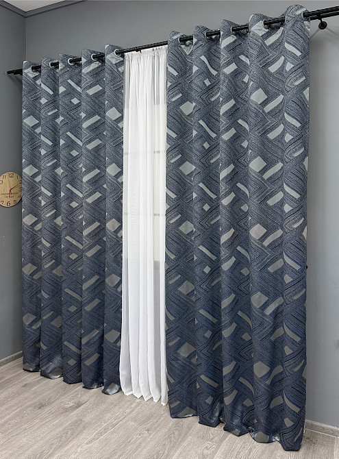 Комплект штор на люверсах VR-Textil Жаккард Mystery № 1628ш Синий с серым 150х270 см 2 шт (37-0206) Киев - изображение 4