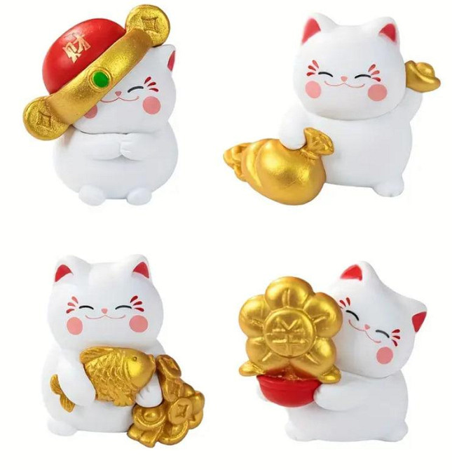 Набор из 4 фигурок счастливых котиков Манеки-Неко Декор из белой смолы Киев - изображение 6