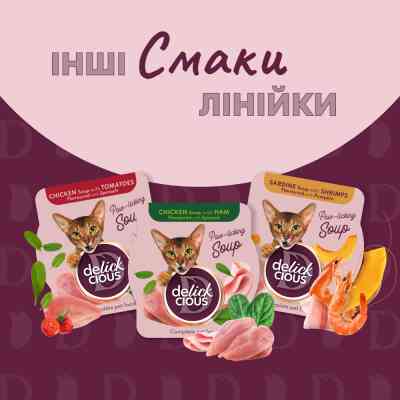 Влажный корм для кошек Delickcious Суп из тунца с добавлением мини кукурузы и зеленого горошка 80 г (4820269141575) Винница